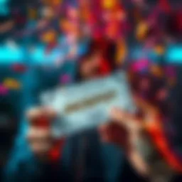 A person holding a winning lottery ticket with celebration confetti in the background