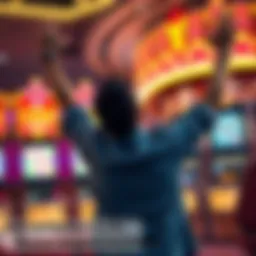 A person celebrating three jackpot wins at a casino, with colorful slot machine screens in the background displaying winning combinations.