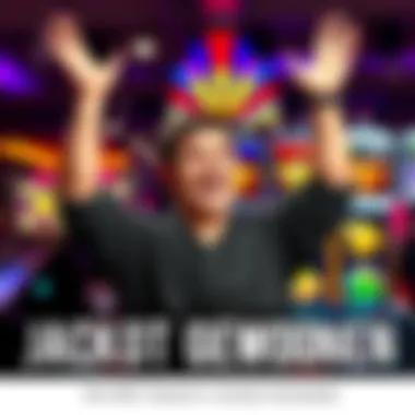 Jackpot Celebration A person celebrating after winning a jackpot, with their hands raised and joyful expression. The background shows a slot machine with colorful symbols and lights.