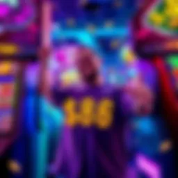 A person celebrating a big win at a slot machine with colorful lights and coins spilling out.