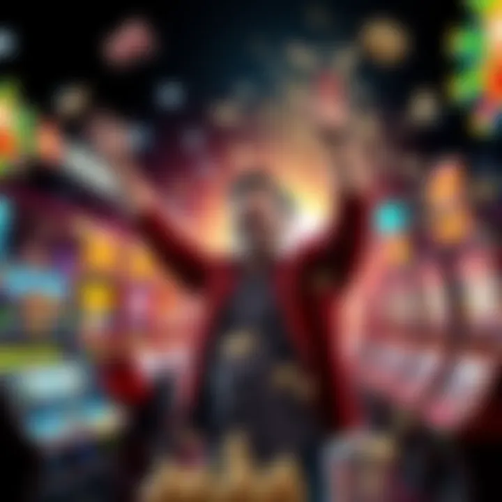 A person celebrating a big win on an online gambling platform, surrounded by images of slot machines and cash.