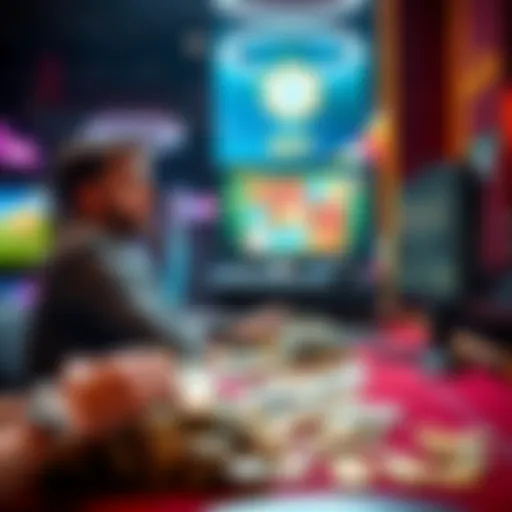 A person sitting at a gaming table with a large pile of cash, looking at a computer screen displaying their winning spin, showing signs of doubt among onlookers.