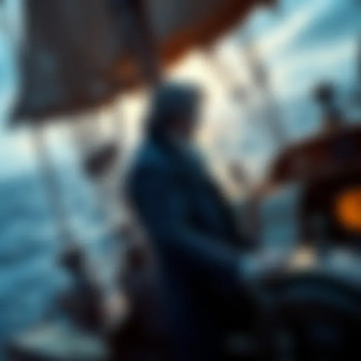 James Cook stands at the helm of a ship, looking out at the ocean, with maps and navigational tools nearby.