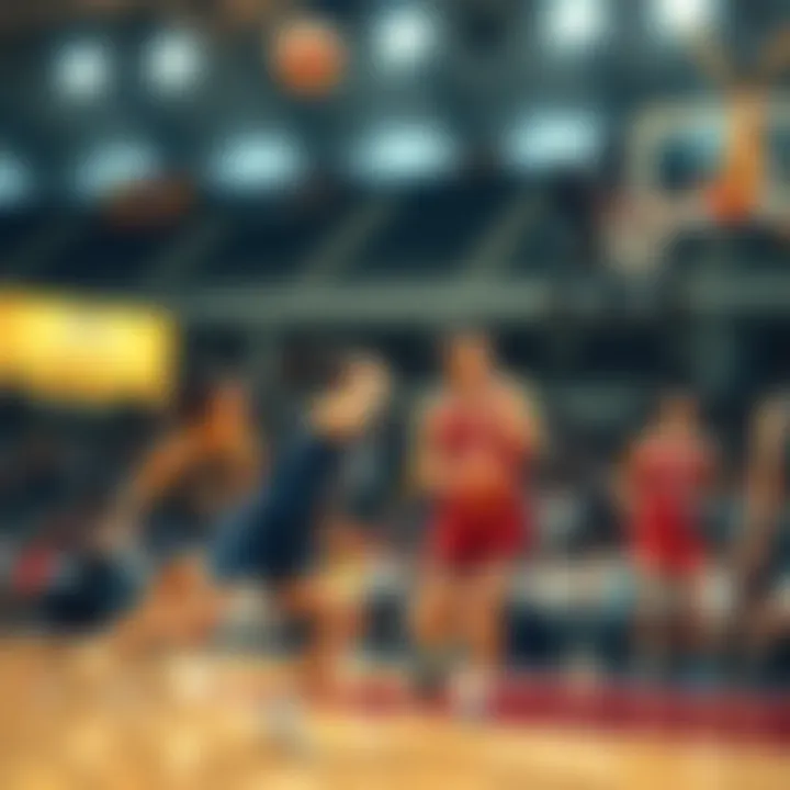 A thrilling scene from a Japanese women's basketball game, showcasing players in action on the court, with fans cheering in the background.