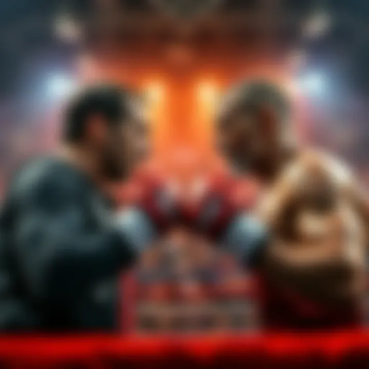 JDM and Belal face each other in an intense boxing match, fists raised, with an excited crowd in the background.