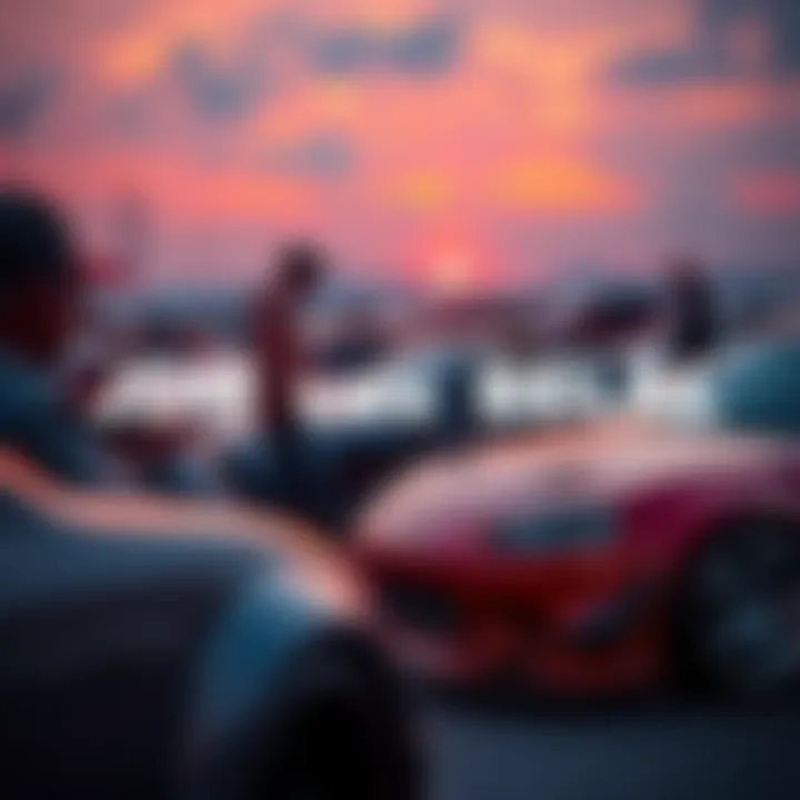 A group of car enthusiasts debating JDM vehicles and Belal's opinions at a car meet.