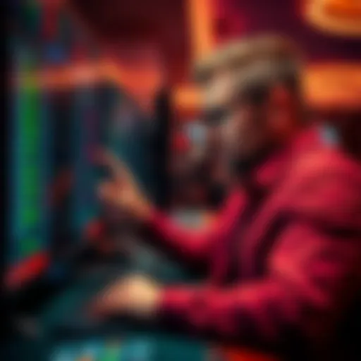 A confident male gambler analyzing betting options on a screen, with a focus on parlay bets, showing success and strategy.