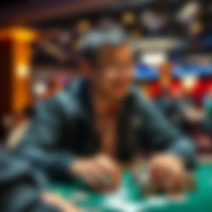 Jerry Yang passionately playing poker at a tournament, focusing on his cards and strategy