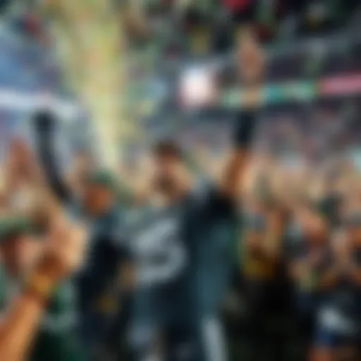 New York Jets players celebrating their Super Bowl win with confetti and cheering fans