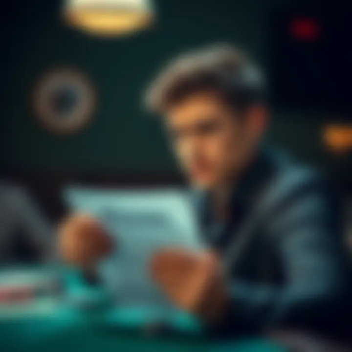 A person holding a resume and looking confidently towards a job interview setup with poker chips in the background