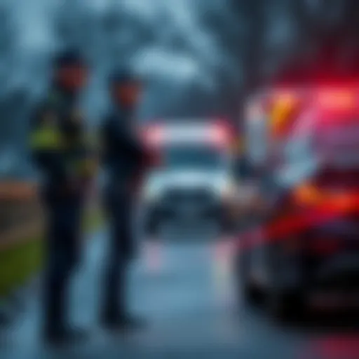 A police officer speaks with a jockey beside a damaged vehicle after a traffic accident, with an ambulance in the background.