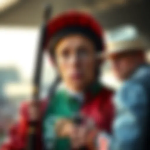 A close-up of a jockey holding a whip during a race, looking concerned as a steward observes the event, highlighting the serious nature of horse racing regulations.