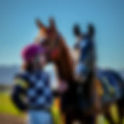 A jockey standing next to a racehorse, discussing horse ownership options with a trainer.