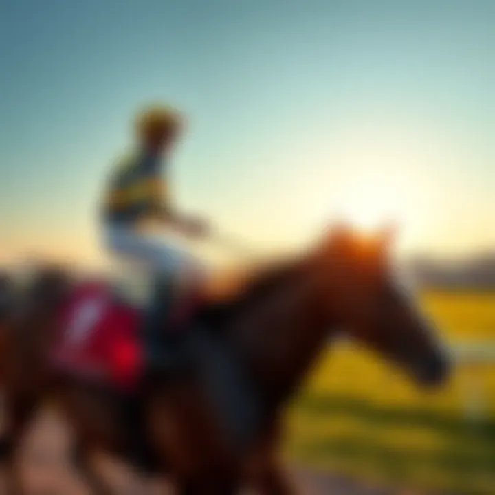 A jockey in colorful silks guiding a galloping racehorse at a racetrack