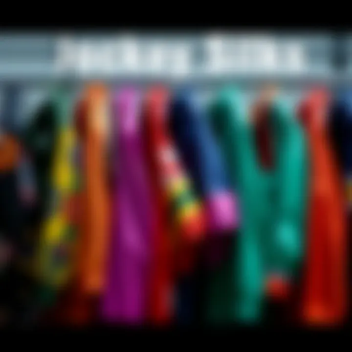 Colorful jockey silks hanging in a row, showcasing various designs and patterns, including a set for Princequillo
