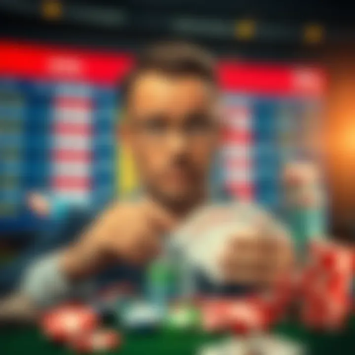 Joel about to affect the bets A man named Joel looking at betting odds on a screen with a concerned expression, as gambling chips and cards are scattered around him, symbolizing a major shift in betting