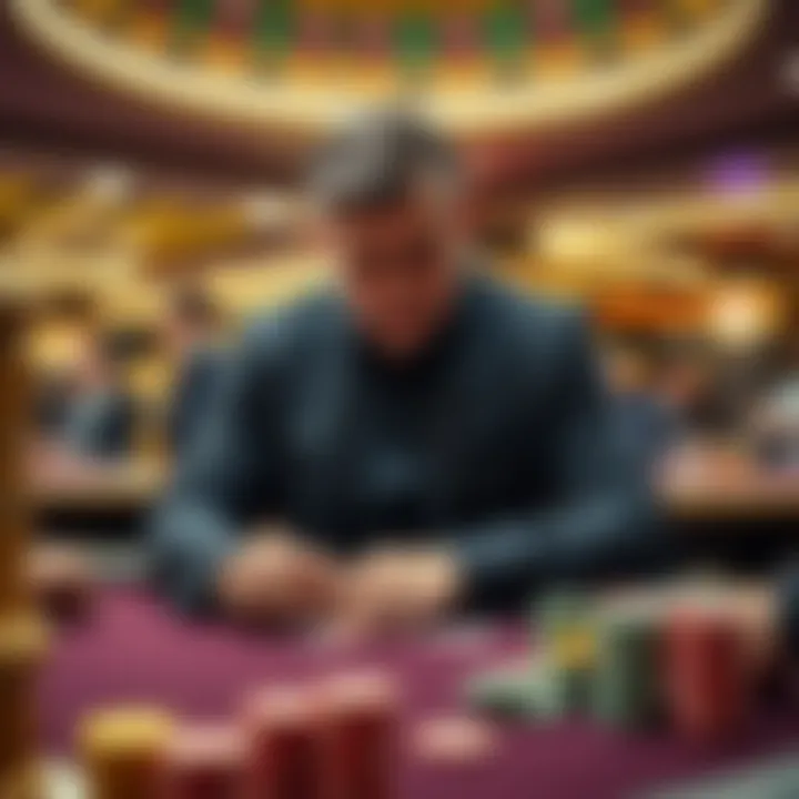 John Cerasani standing near a casino table, looking at cards with a focused expression, surrounded by casino chips and other players.