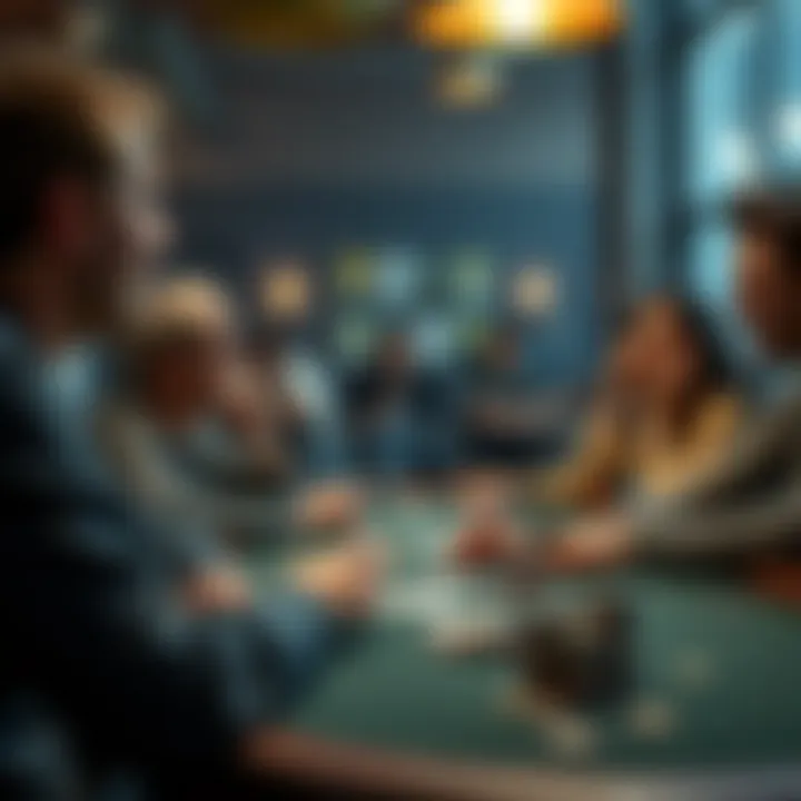 A character named John Poker sitting at a poker table with cards and chips, laughing with friends in a college environment