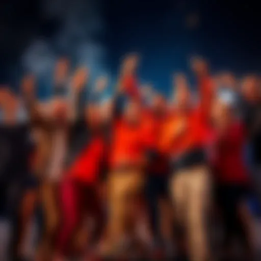 A group of enthusiastic people celebrating victory together, inviting others to join their successful team.
