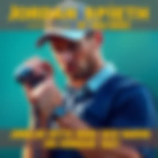Jordan Spieth holding a golf club with a disappointed expression, news banner indicating his withdrawal from a match