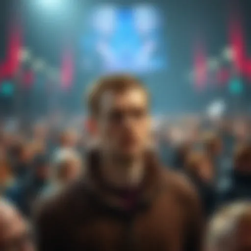 Joshua Hart standing in front of a crowd, looking serious and contemplative