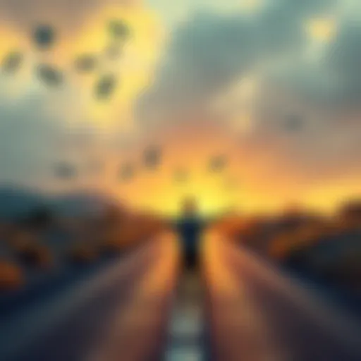 A person standing at a crossroad, looking hopeful and ready to take the next step toward opportunities, with dollar bills in the background.