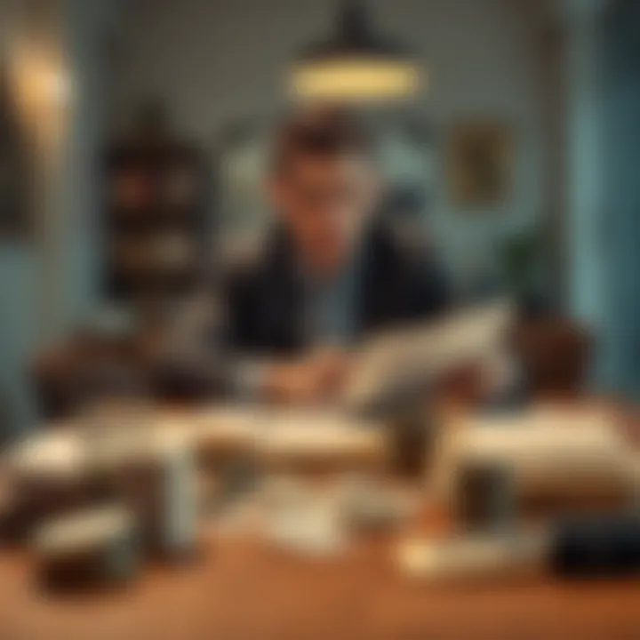 A person sitting at a table with bills and a notebook, looking determined to improve their financial situation, symbolizing the fight against gambling addiction and debt.