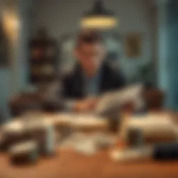 Journey to Debt Freedom A person sitting at a table with bills and a notebook, looking determined to improve their financial situation, symbolizing the fight against gambling addiction and debt.