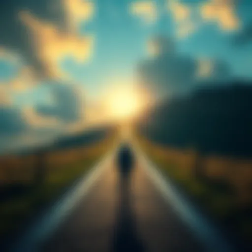 A person standing at a crossroads, looking towards a bright path symbolizing hope and recovery from addiction.