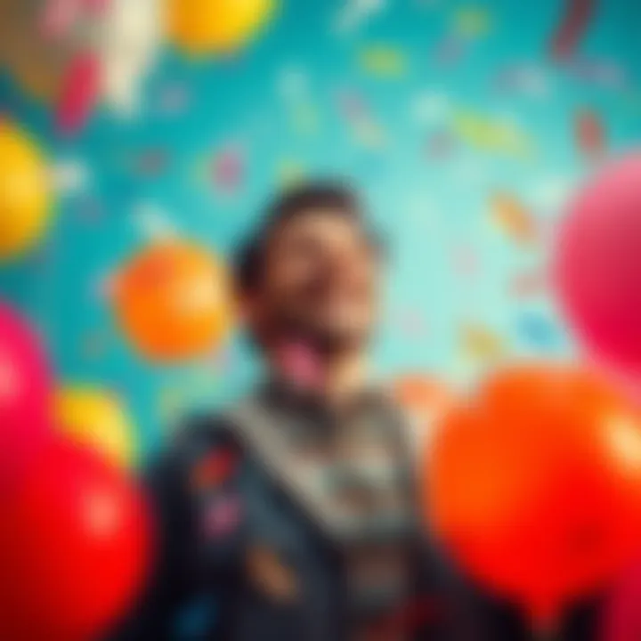 A person smiling and enjoying a moment of happiness despite challenges, surrounded by uplifting elements like balloons and confetti.