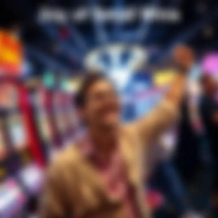 A happy person celebrating small wins at a casino with bright slot machines in the background