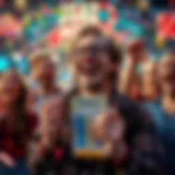 A person with tears of joy holding a winning ticket, surrounded by colorful confetti and friends cheering, expressing happiness and excitement.