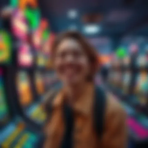 A person smiling and celebrating a small win of five dollars in a gaming setting, surrounded by colorful gaming machines