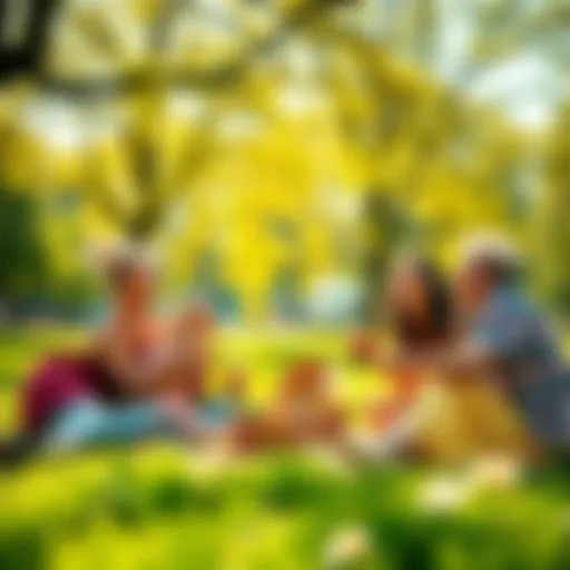 A group of friends enjoying a picnic in a sunny park, surrounded by nature and laughter