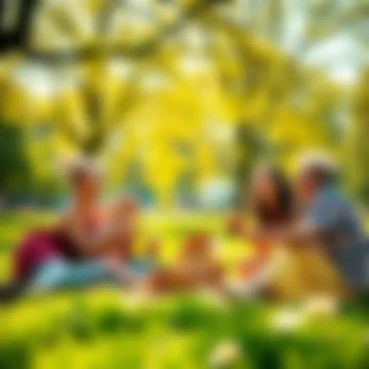 A group of friends enjoying a picnic in a sunny park, surrounded by nature and laughter