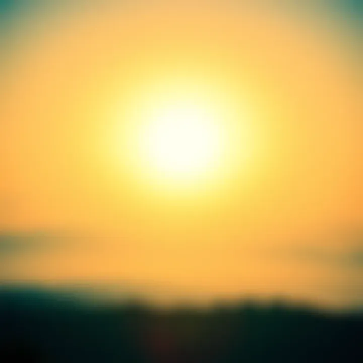 A bright sun rising over a calm landscape, radiating warmth and positive energy, symbolizing a blessed day ahead.