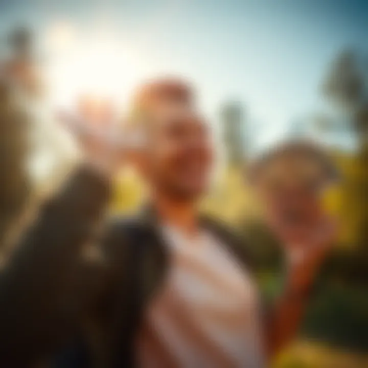 A person smiling while holding cash and celebrating a big win in the morning sunlight