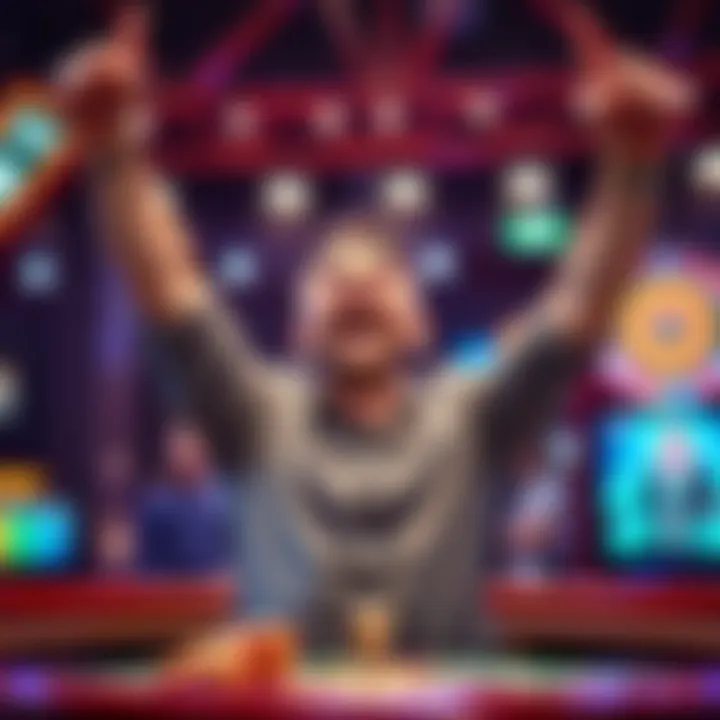Happy player celebrating a small win with a 50 cent bet, smiling and raising arms in excitement