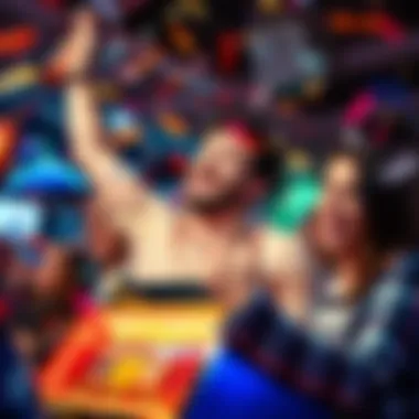 A happy player celebrating after winning the jackpot with confetti in the air and smiling friends around