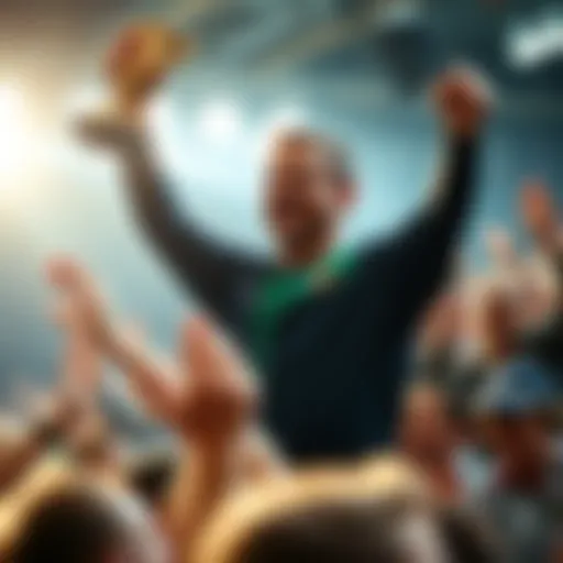 Kavanagh smiling and holding a trophy, surrounded by supporters cheering