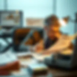 A worried businessman reviewing financial reports on a desk filled with bills and documents, illustrating a significant financial loss.