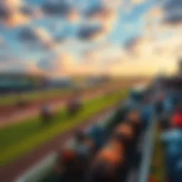 A vibrant view of Keeneland Racecourse bustling with activity as horses race on the track, surrounded by cheering crowds and greenery.