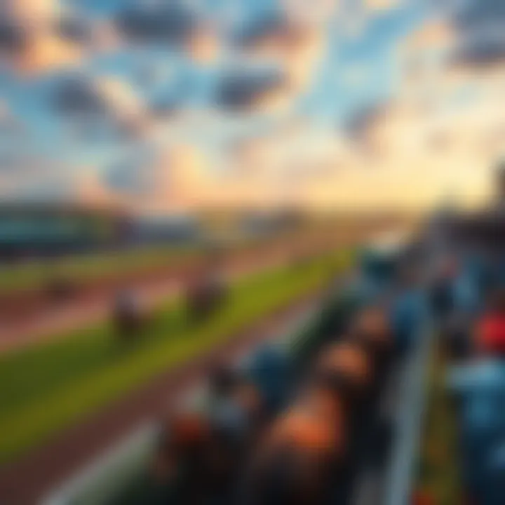 A vibrant view of Keeneland Racecourse bustling with activity as horses race on the track, surrounded by cheering crowds and greenery.
