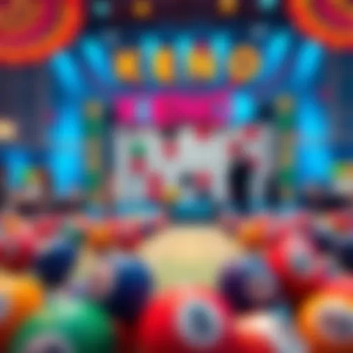 A colorful Keno game board with numbered balls and players engaging in the game.