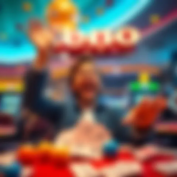 A player excitedly celebrates winning at a Keno game, with a colorful display of numbers and tickets.