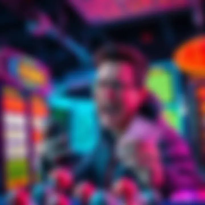 A person excitedly checks their Keno ticket, with a hopeful expression, surrounded by colorful Keno graphics and a display of winnings.