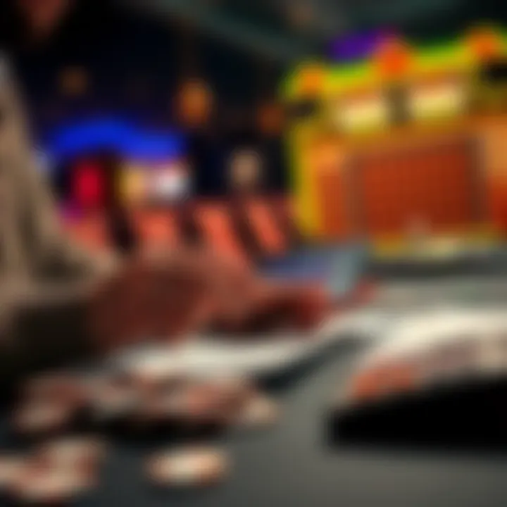A person analyzing Keno tickets and strategies for bankroll management at a table with chips and a calculator.
