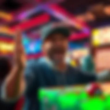 Keno player announces giveaway A Keno player excitedly announces support for four people, showcasing a joyful atmosphere of a giveaway event.