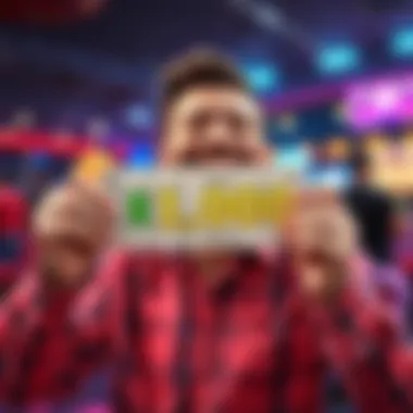 A joyful Keno player holding a ticket showing a winning combination, smiling with excitement.