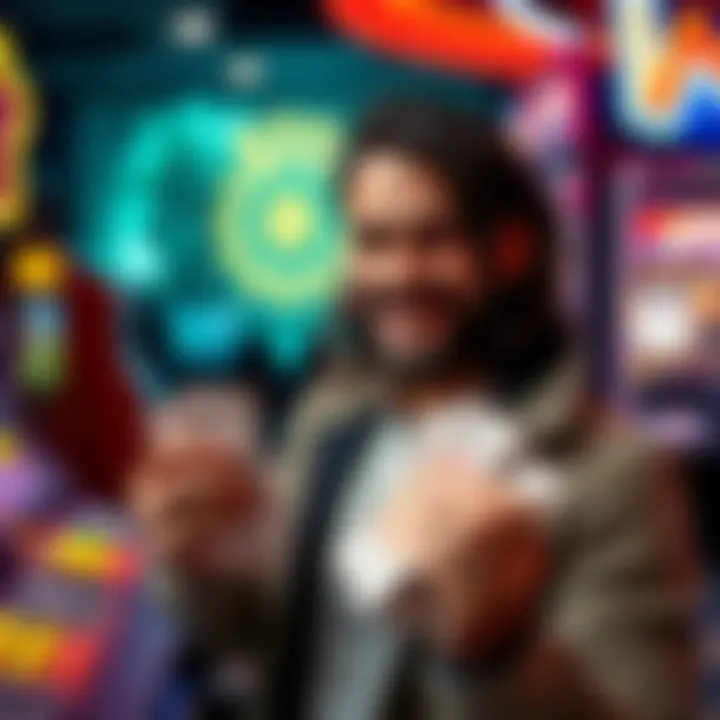 A happy Keno player holding multiple winning tickets in a gaming room